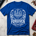 Forgiven Ephesians 1:7 Christian T-shirt in Royal with gothic wings, three nails, a crown of thorns and roses.