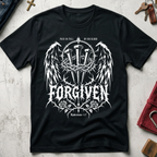 Forgiven Ephesians 1:7 Christian T-shirt in Black with gothic wings, three nails, a crown of thorns and roses.