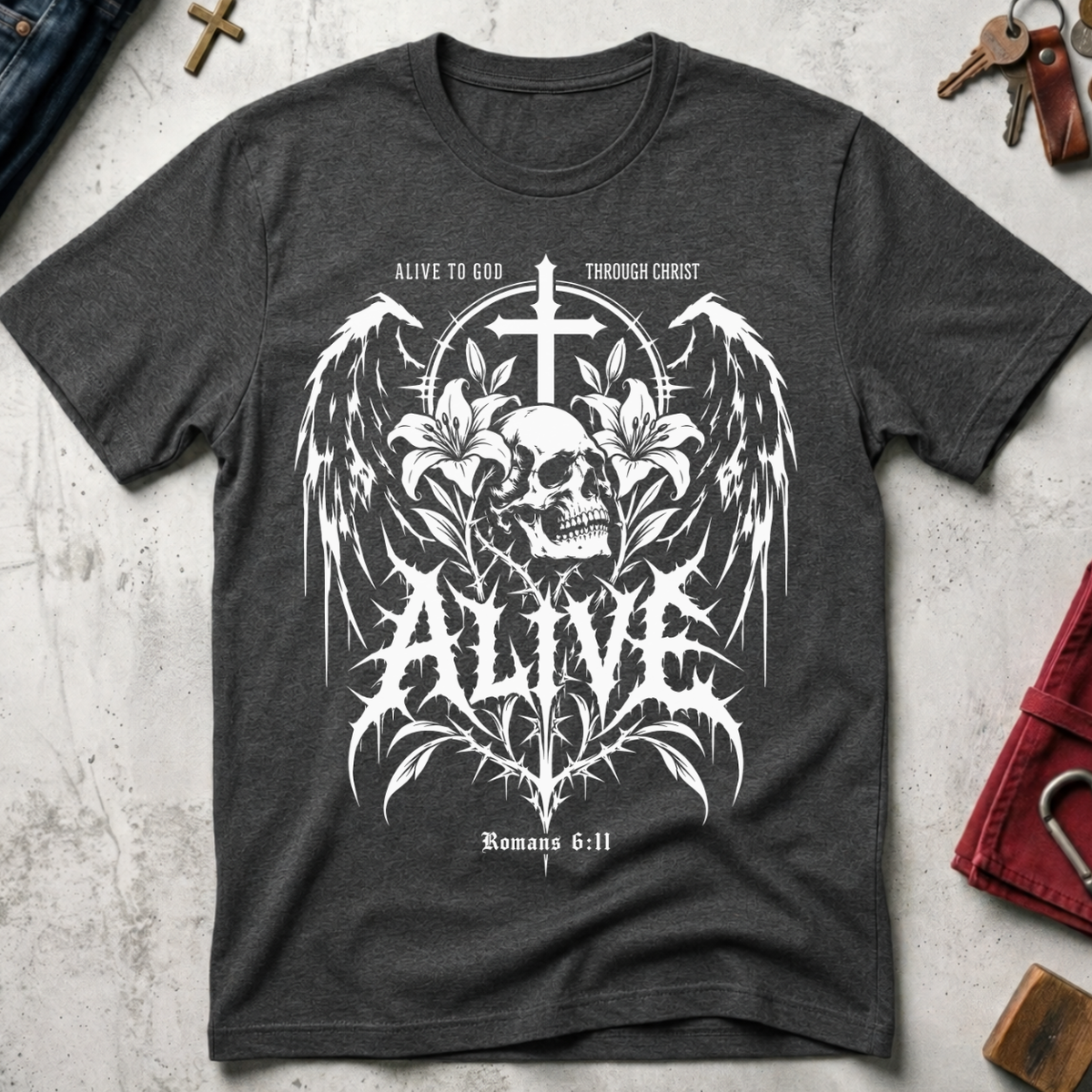 Alive to God Through Christ gothic Christian T-shirt in Dark Heather