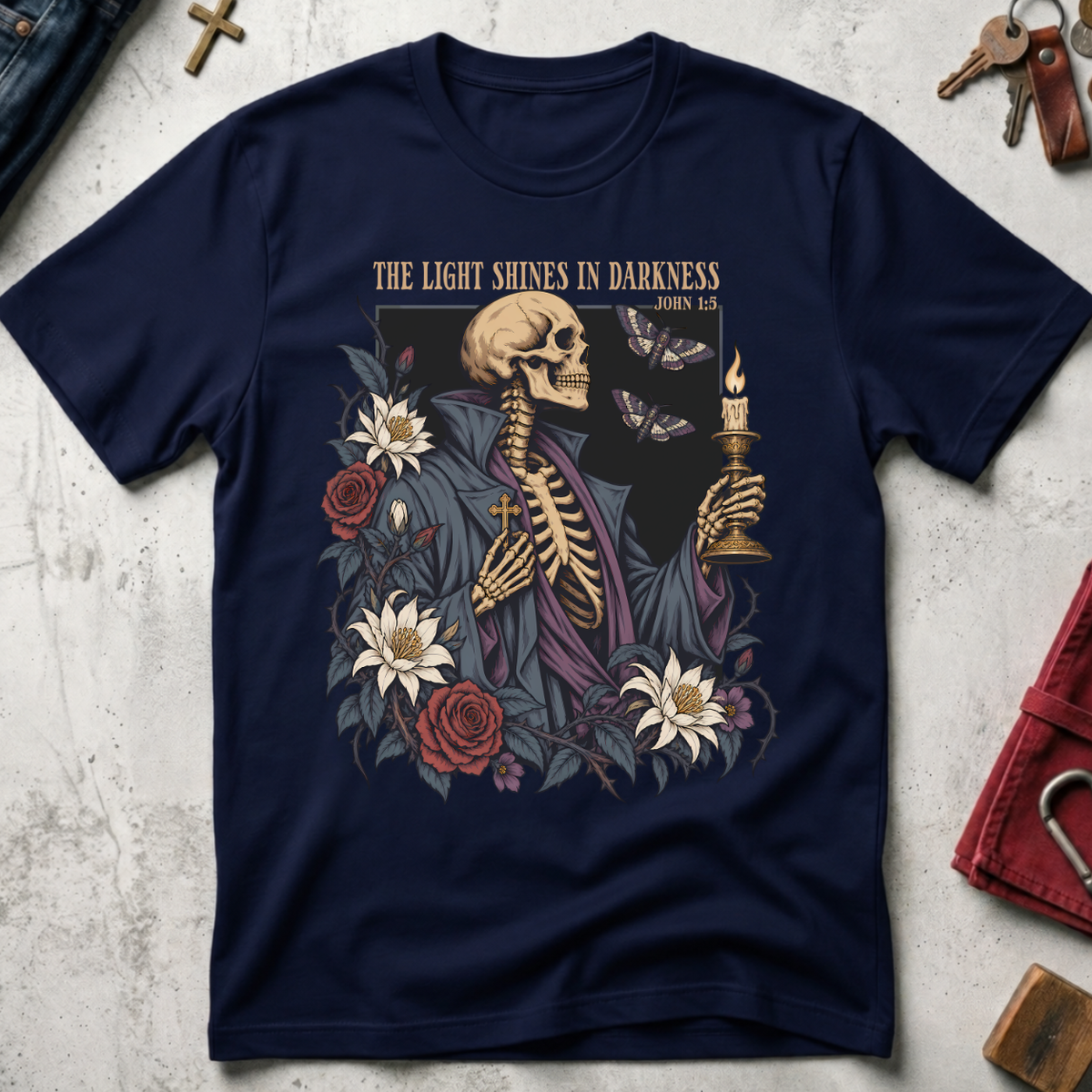 The Light Shines in Darkness John 1:5 Christian T-shirt in Navy