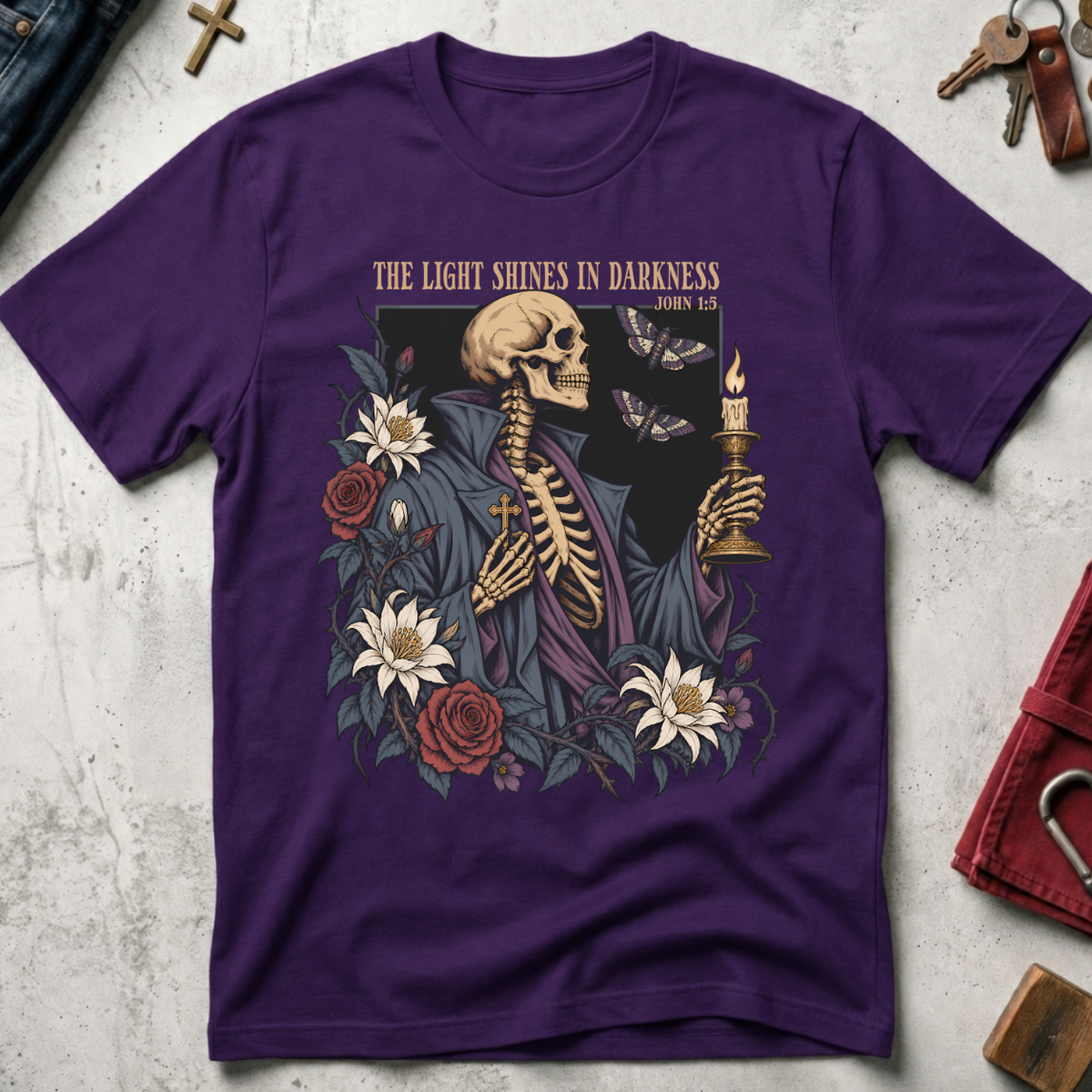 The Light Shines in Darkness John 1:5 Christian T-shirt in Purple