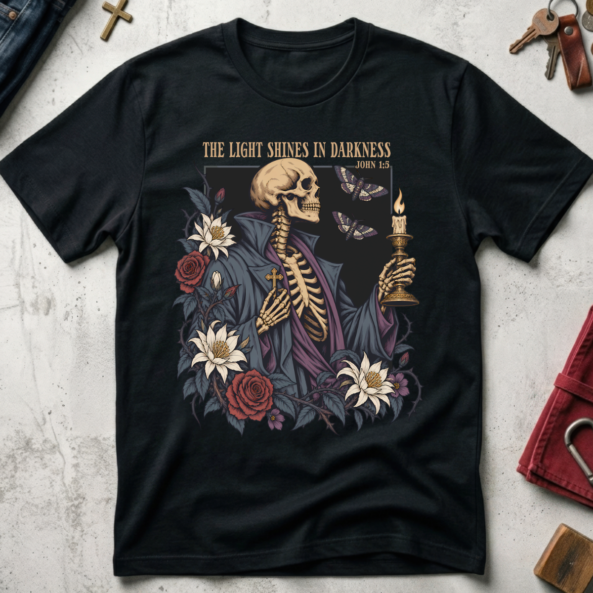 The Light Shines in Darkness John 1:5 Christian T-shirt in Black