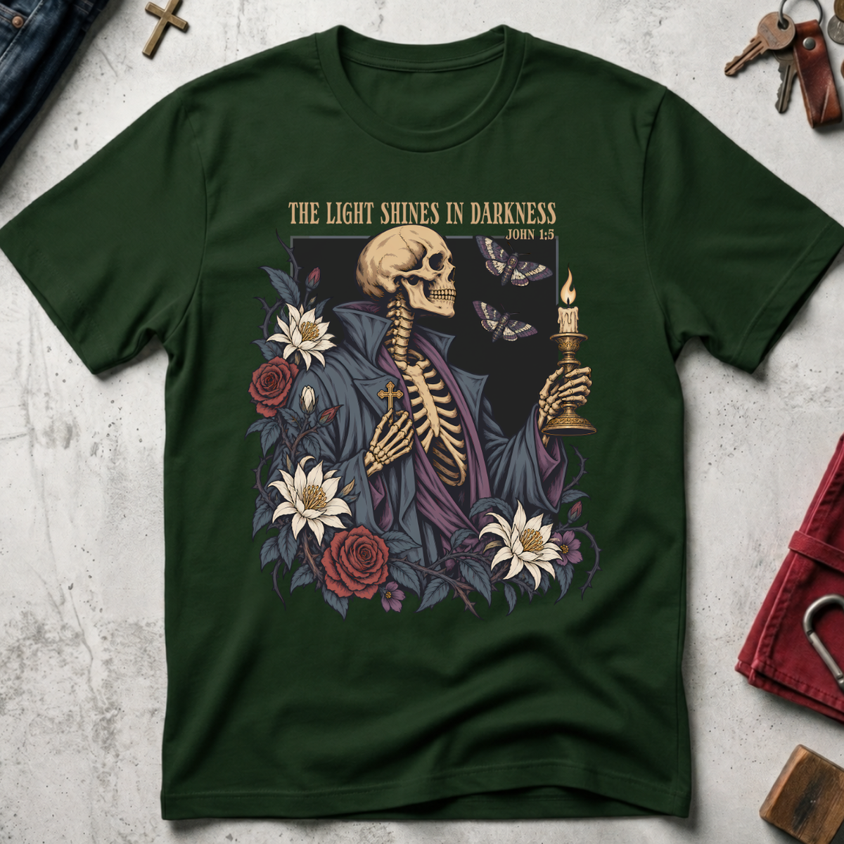 The Light Shines in Darkness John 1:5 Christian T-shirt in Forest Green