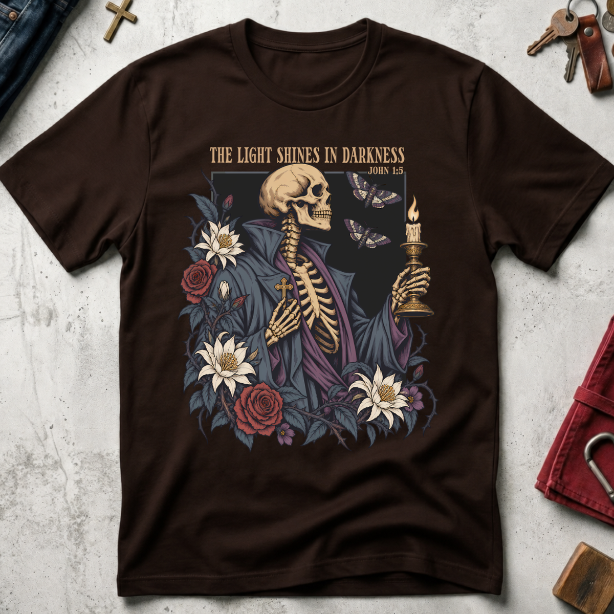 The Light Shines in Darkness John 1:5 Christian T-shirt in Dark Chocolate