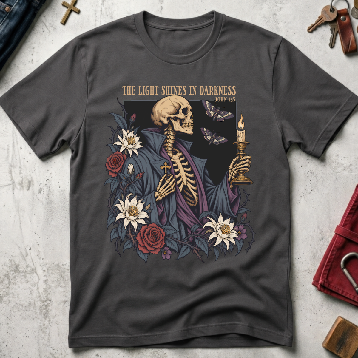 The Light Shines in Darkness John 1:5 Christian T-shirt in Charcoal