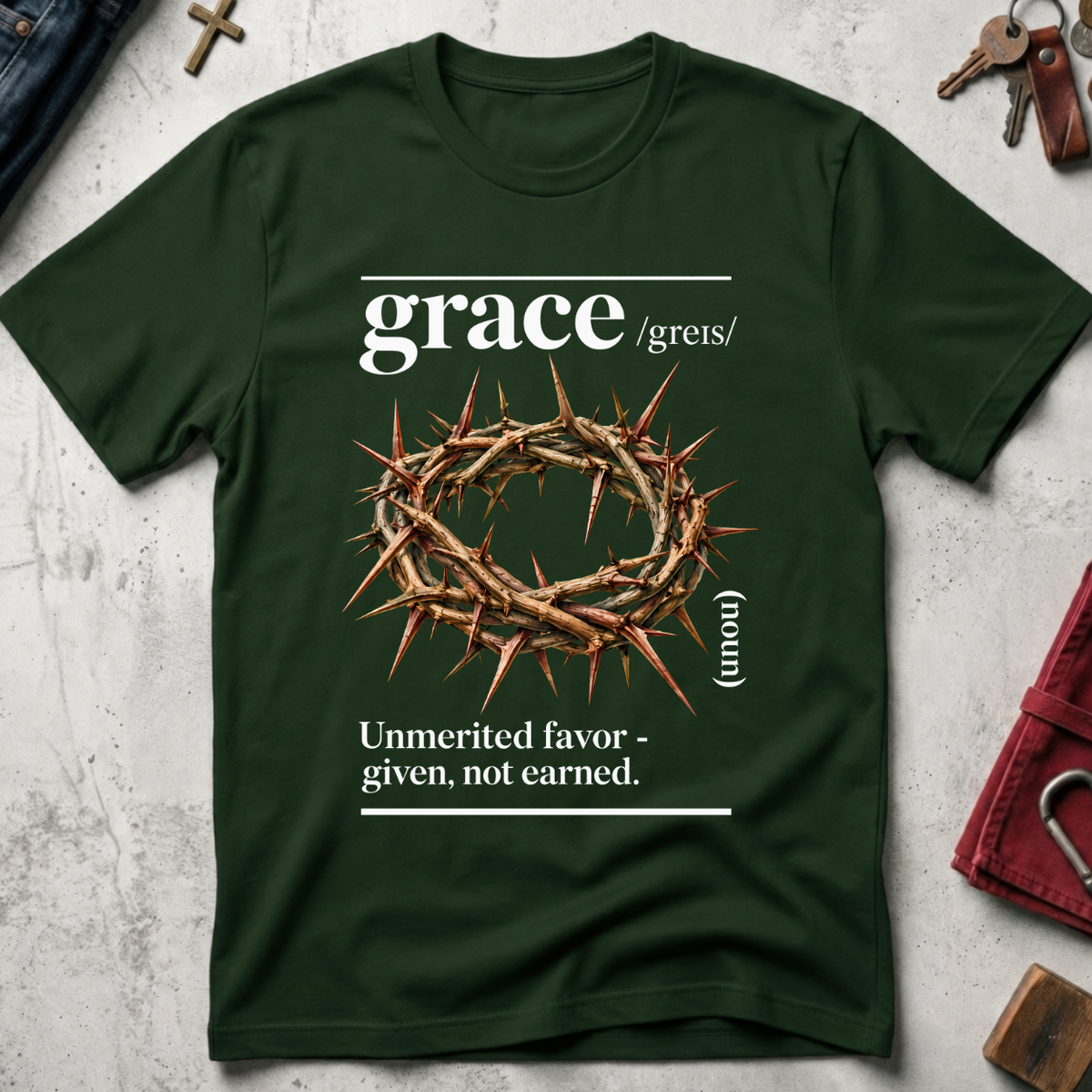 Grace dictionary-style Christian T-shirt in Forest Green with crown of thorns