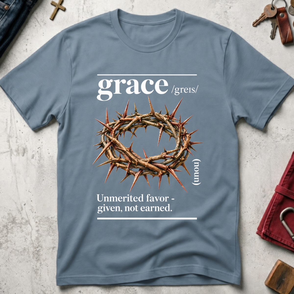 Grace dictionary-style Christian T-shirt in Stone Blue with crown of thorns