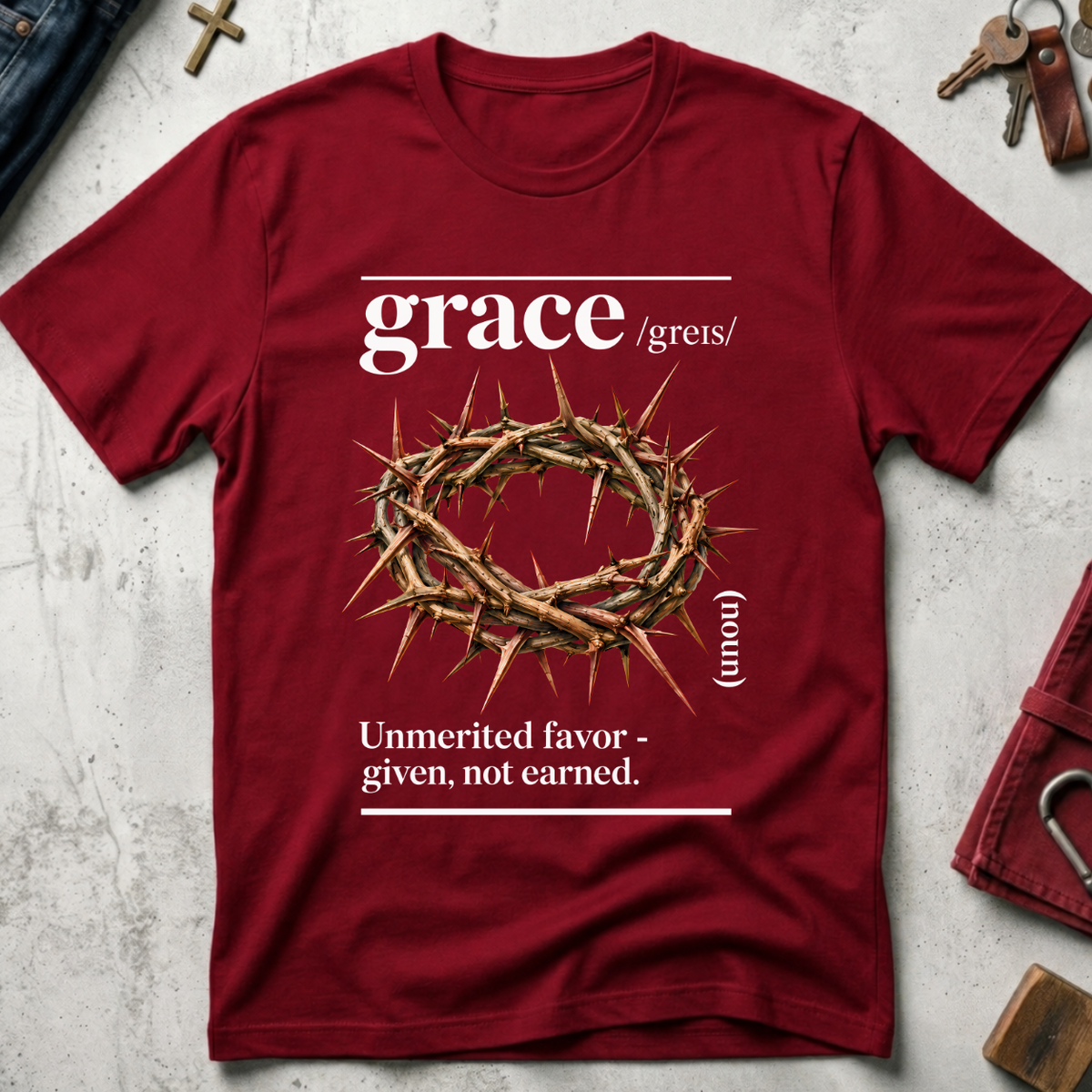 Grace dictionary-style Christian T-shirt in Cardinal Red with crown of thorns