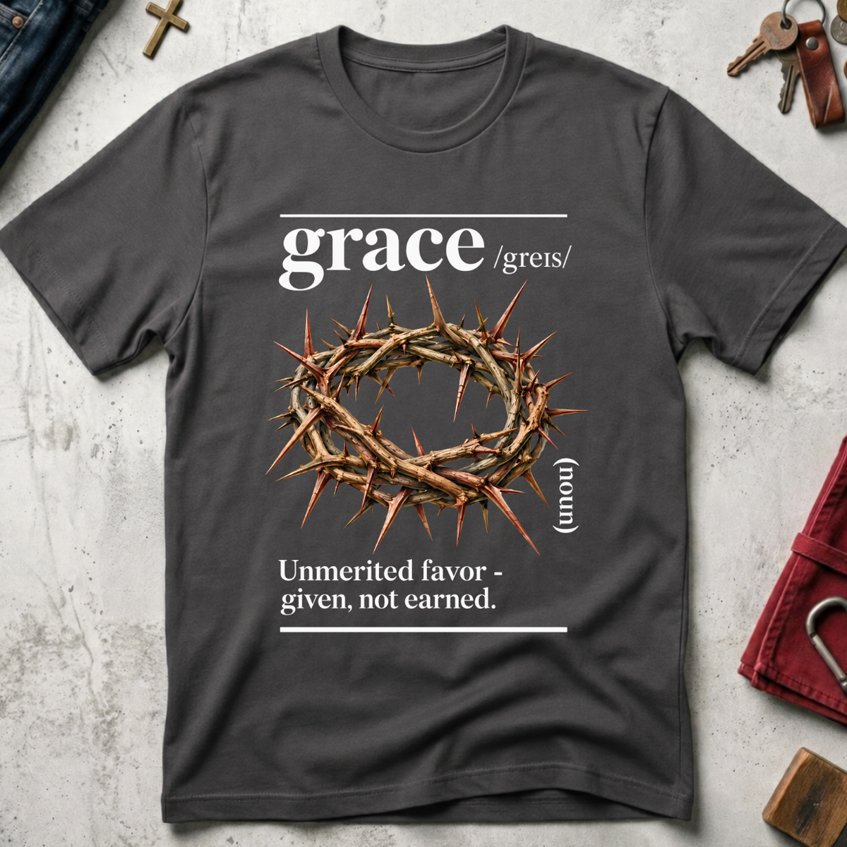 Grace dictionary-style Christian T-shirt in Charcoal with crown of thorns