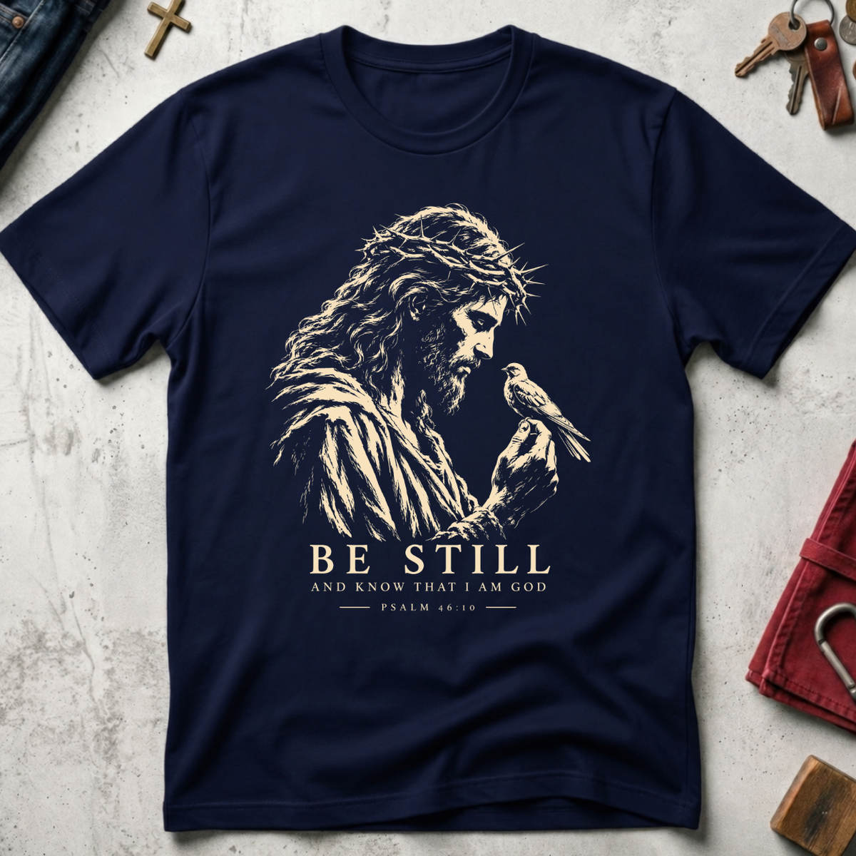 Be Still and Know Psalm 46:10 Christian T-shirt in Navy with Jesus and bird illustration