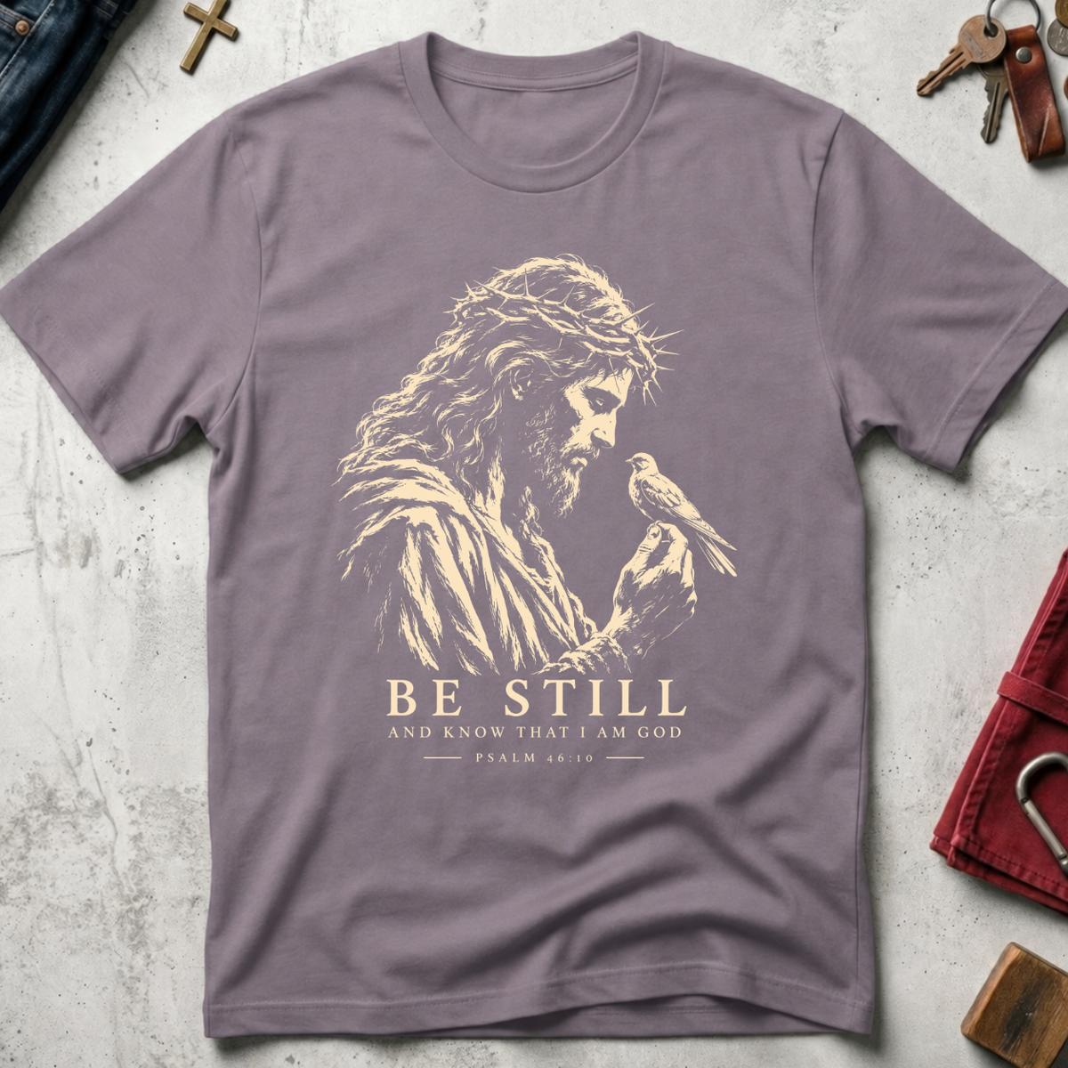 Be Still and Know Psalm 46:10 Christian T-shirt in Paragon with Jesus and bird illustration