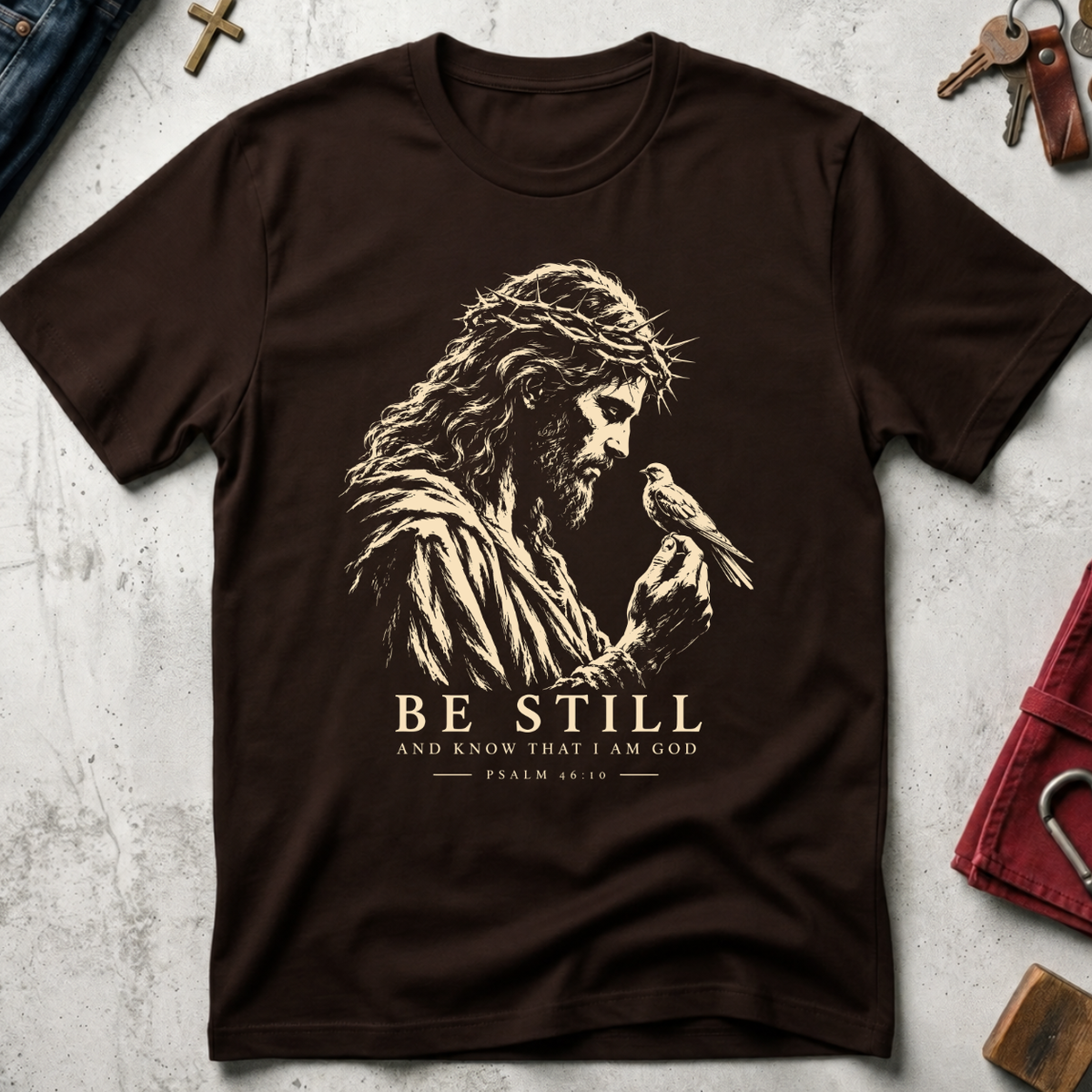 Be Still and Know Psalm 46:10 Christian T-shirt in Dark Chocolate with Jesus and bird illustration