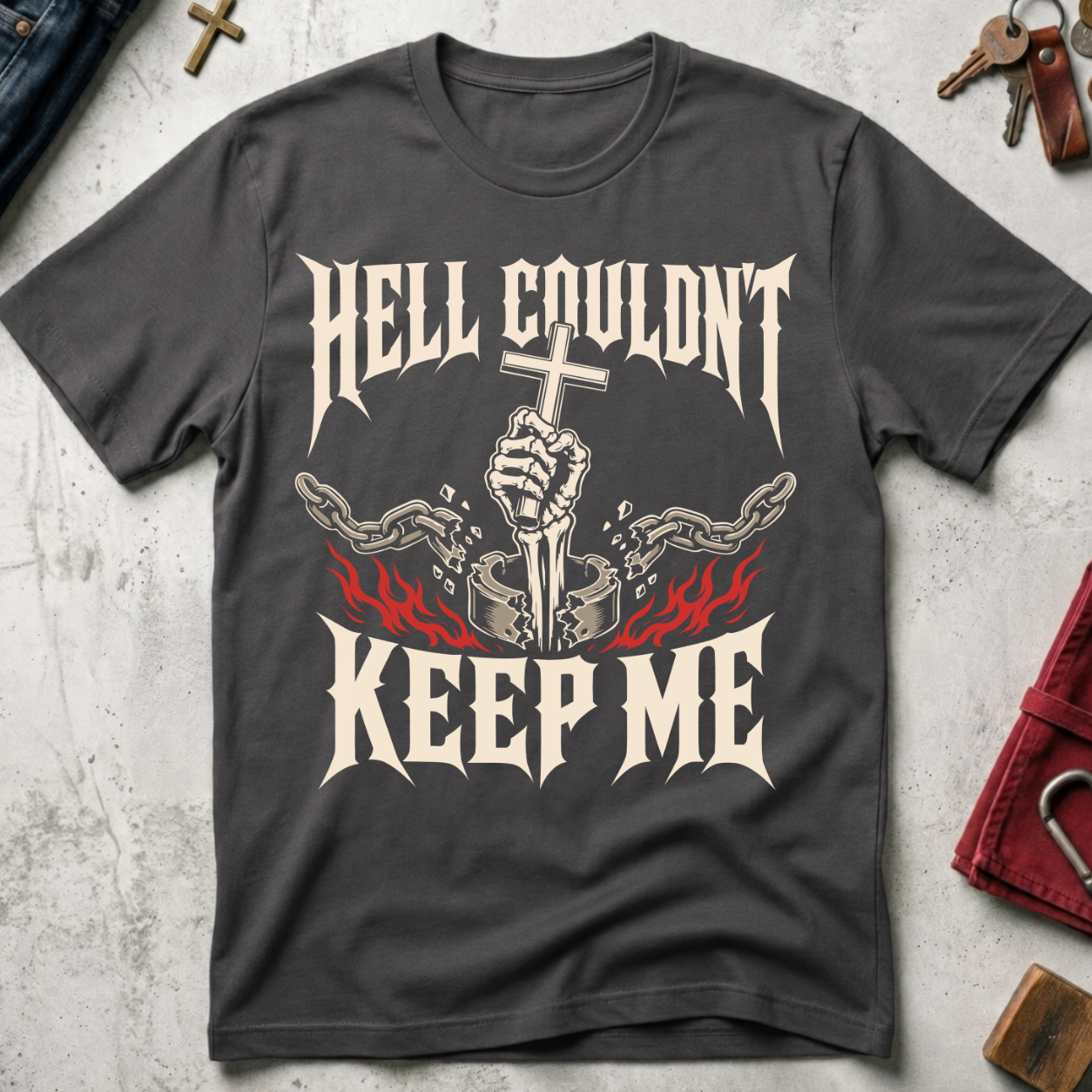 Hell Couldn't Keep Me Down Christian T-shirt in Charcoal
