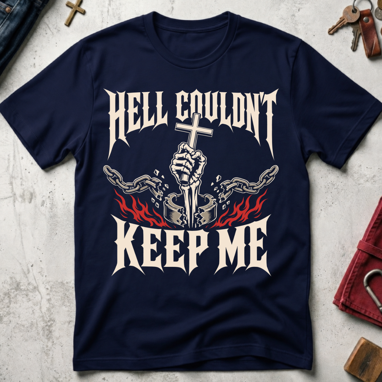Hell Couldn't Keep Me Down Christian T-shirt in Navy