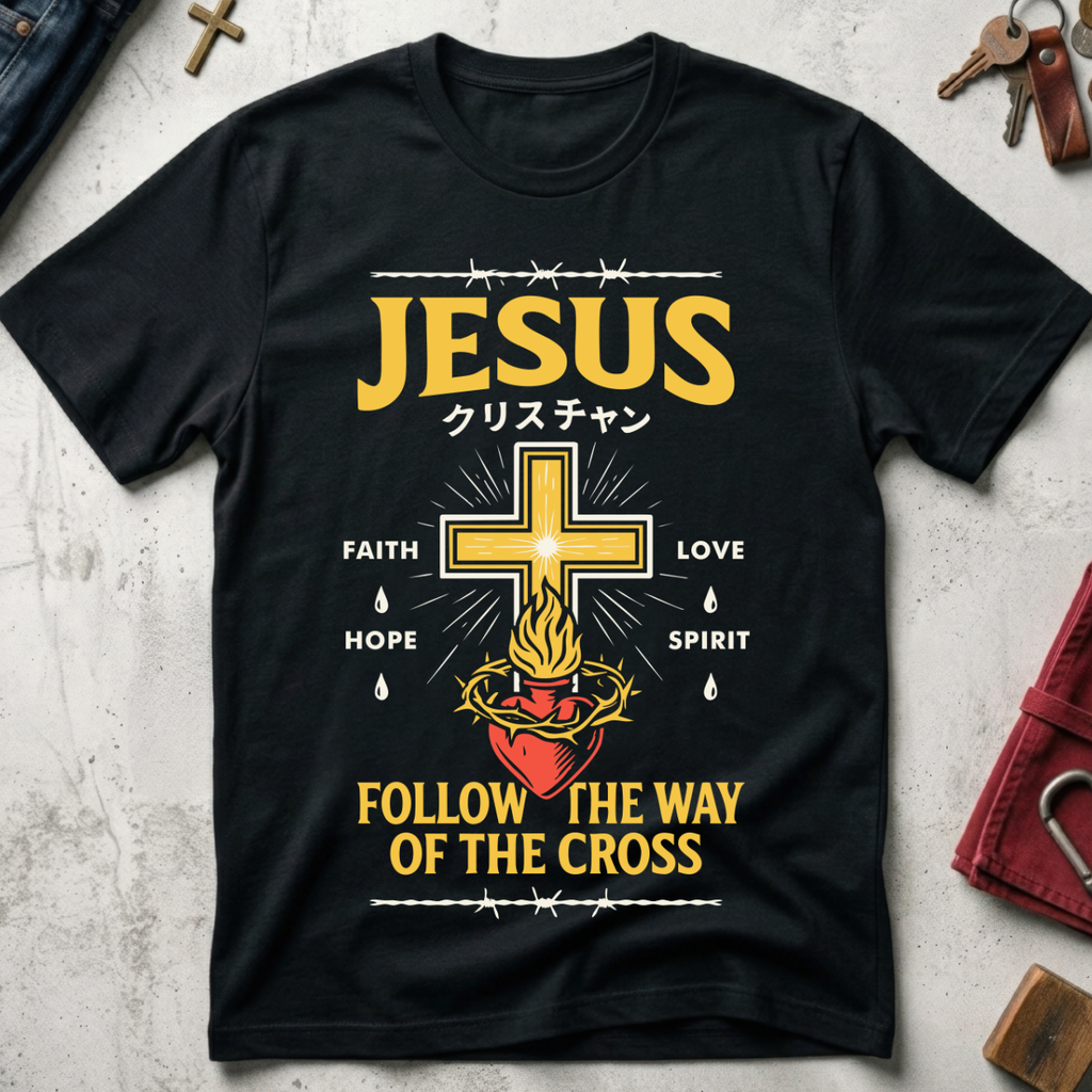 Follow the Way of the Cross Christian Jesus Streetwear T-Shirt - Black