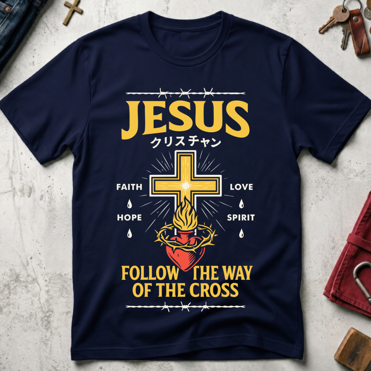 Follow the Way of the Cross Christian Jesus Streetwear T-Shirt - Navy