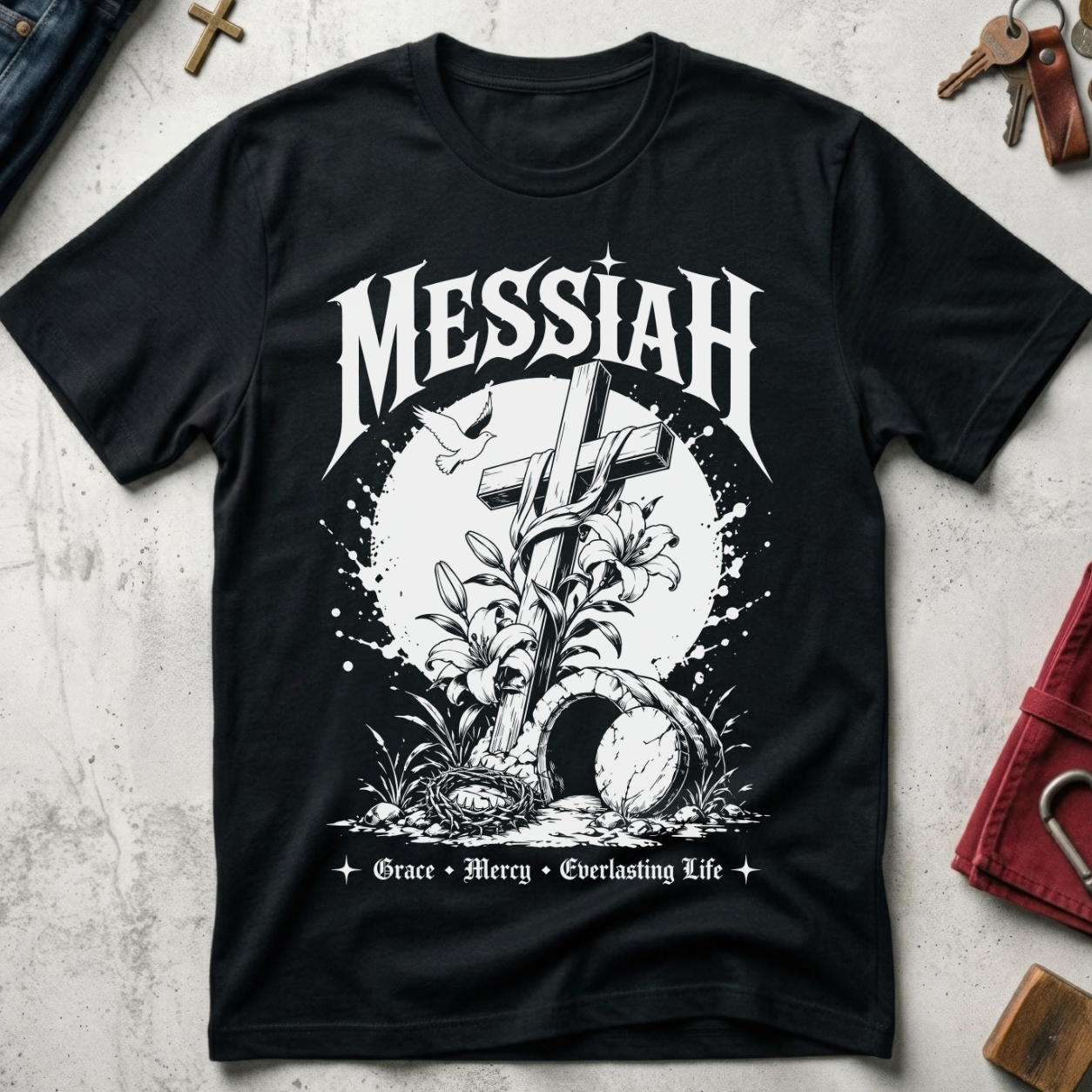 Messiah Grace Mercy Everlasting Life Christian T-shirt in Black