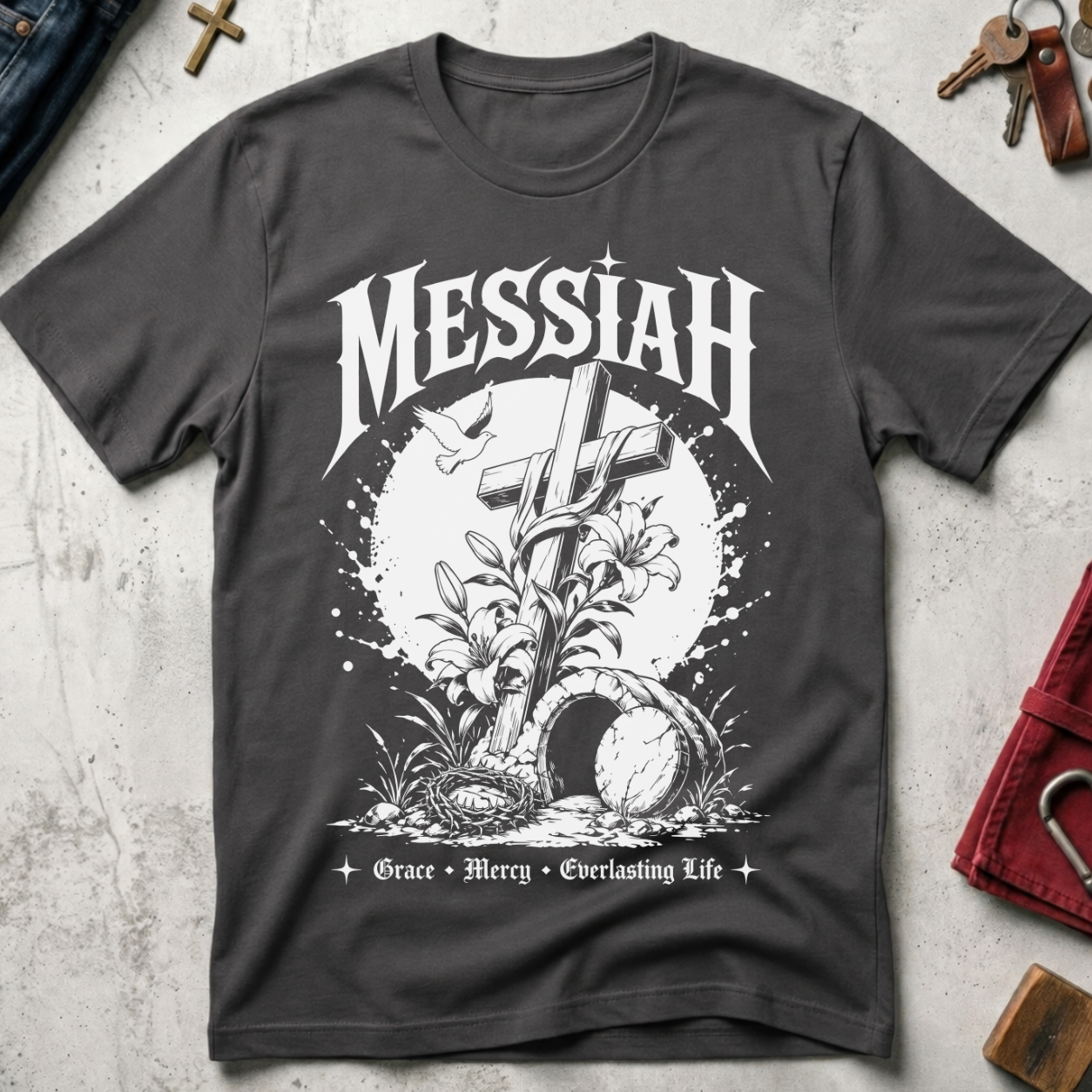 Messiah Grace Mercy Everlasting Life Christian T-shirt in Charcoal
