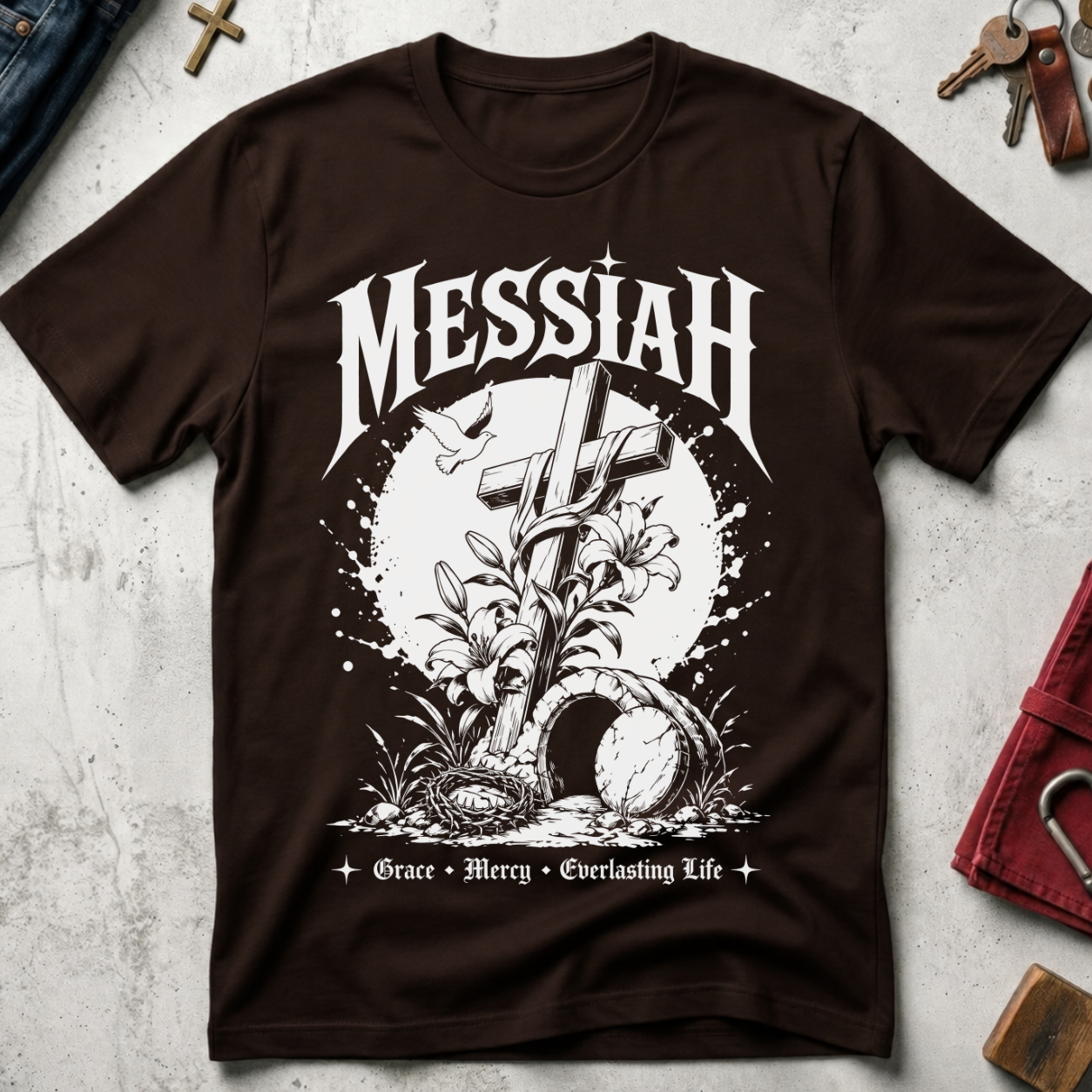 Messiah Grace Mercy Everlasting Life Christian T-shirt in Dark Chocolate
