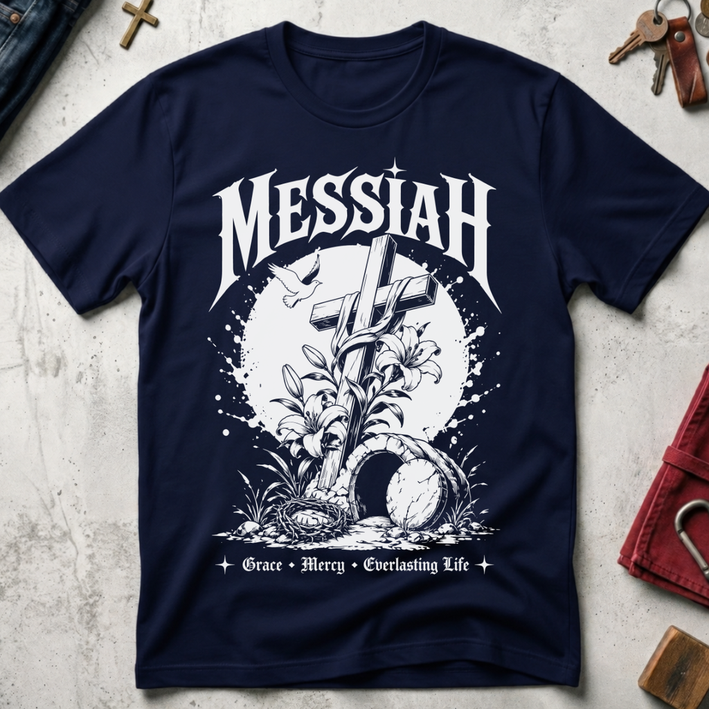 Messiah Grace Mercy Everlasting Life Christian T-shirt in Navy