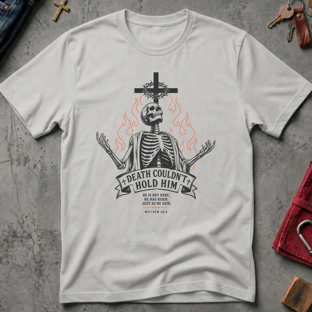 Death Couldn't Hold Him gothic skeleton Christian T-shirt in Ice Grey