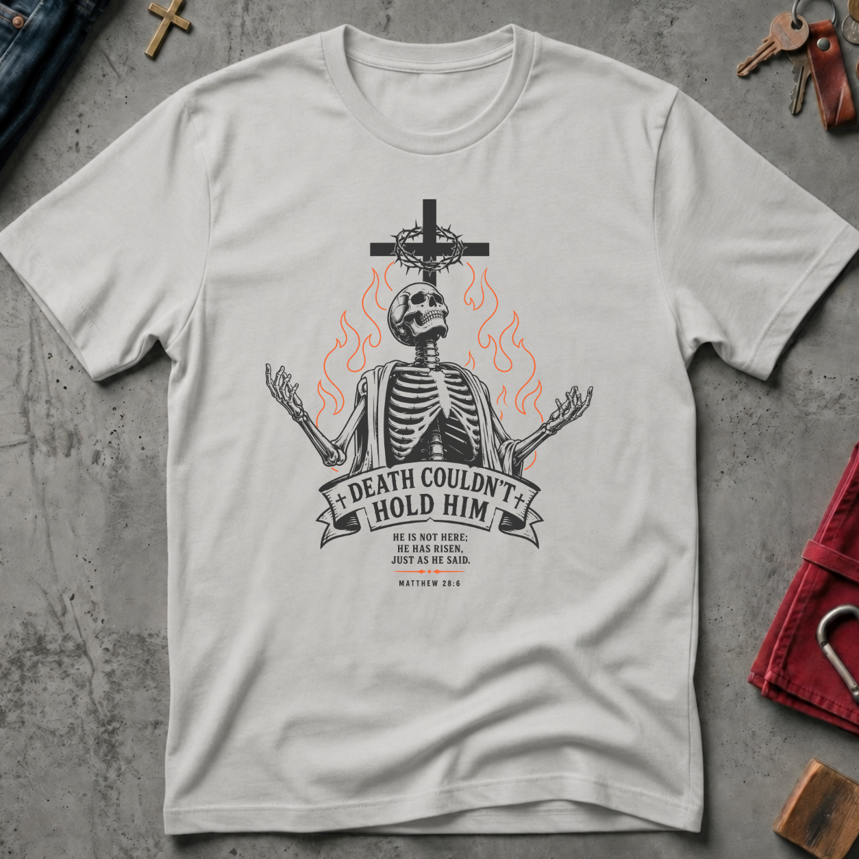 Death Couldn't Hold Him gothic skeleton Christian T-shirt in Ice Grey
