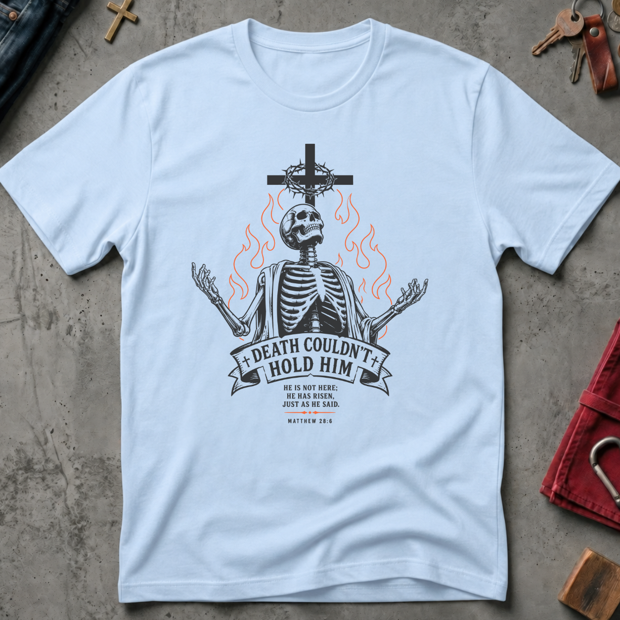 Death Couldn't Hold Him gothic skeleton Christian T-shirt in Light Blue