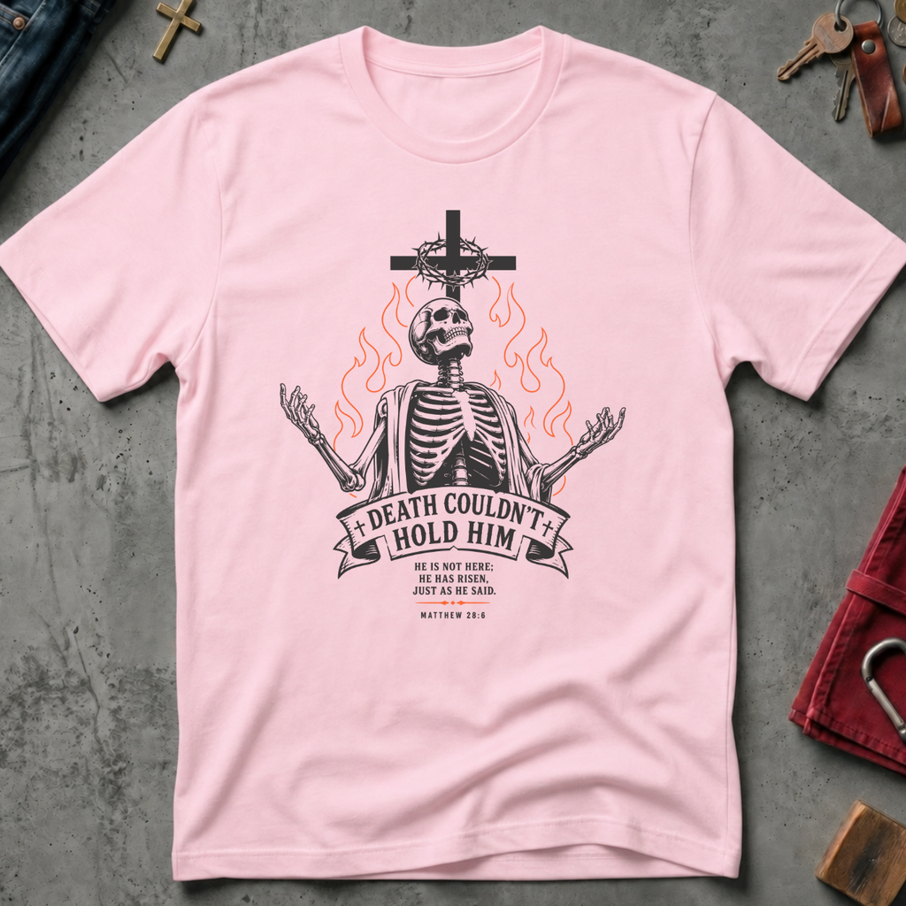 Death Couldn't Hold Him gothic skeleton Christian T-shirt in Light Pink