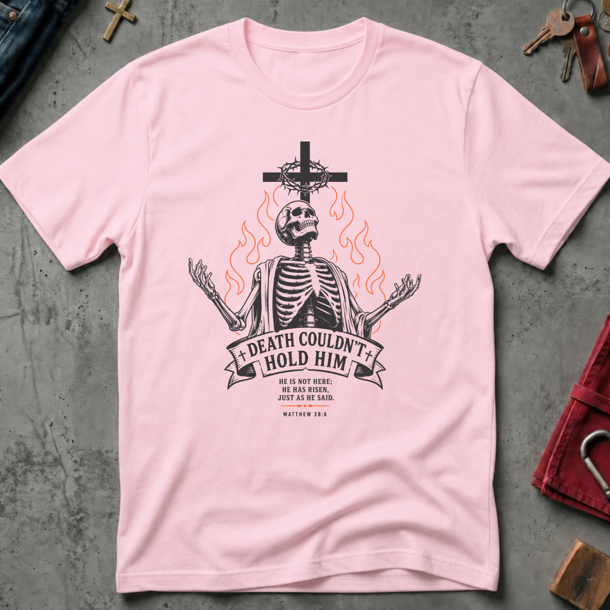 Death Couldn't Hold Him gothic skeleton Christian T-shirt in Light Pink
