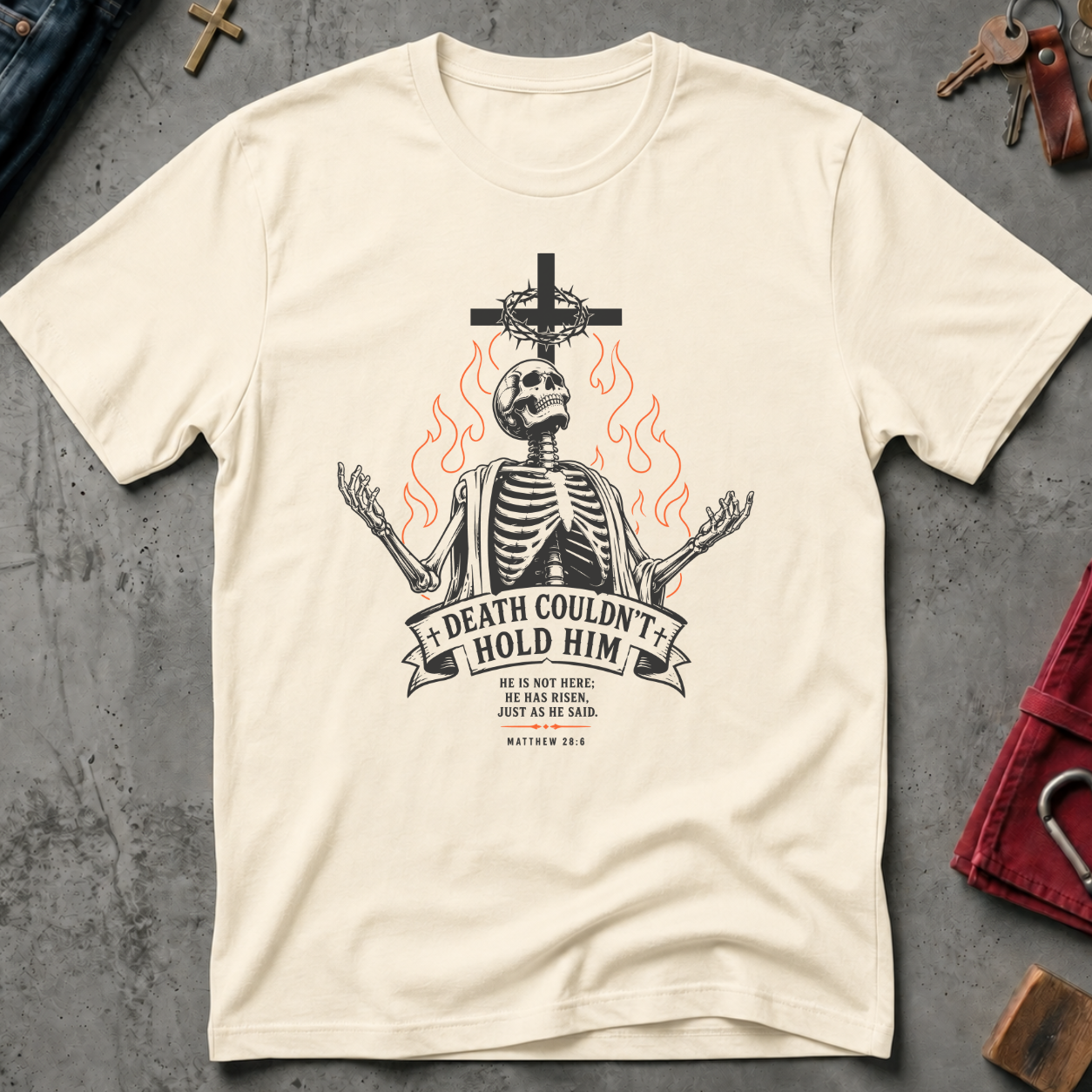 Death Couldn't Hold Him gothic skeleton Christian T-shirt in Natural