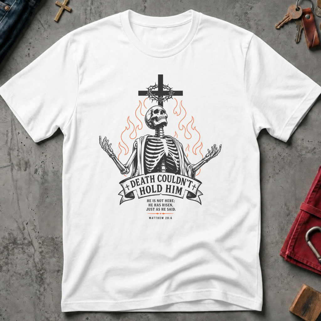 Death Couldn't Hold Him gothic skeleton Christian T-shirt in White