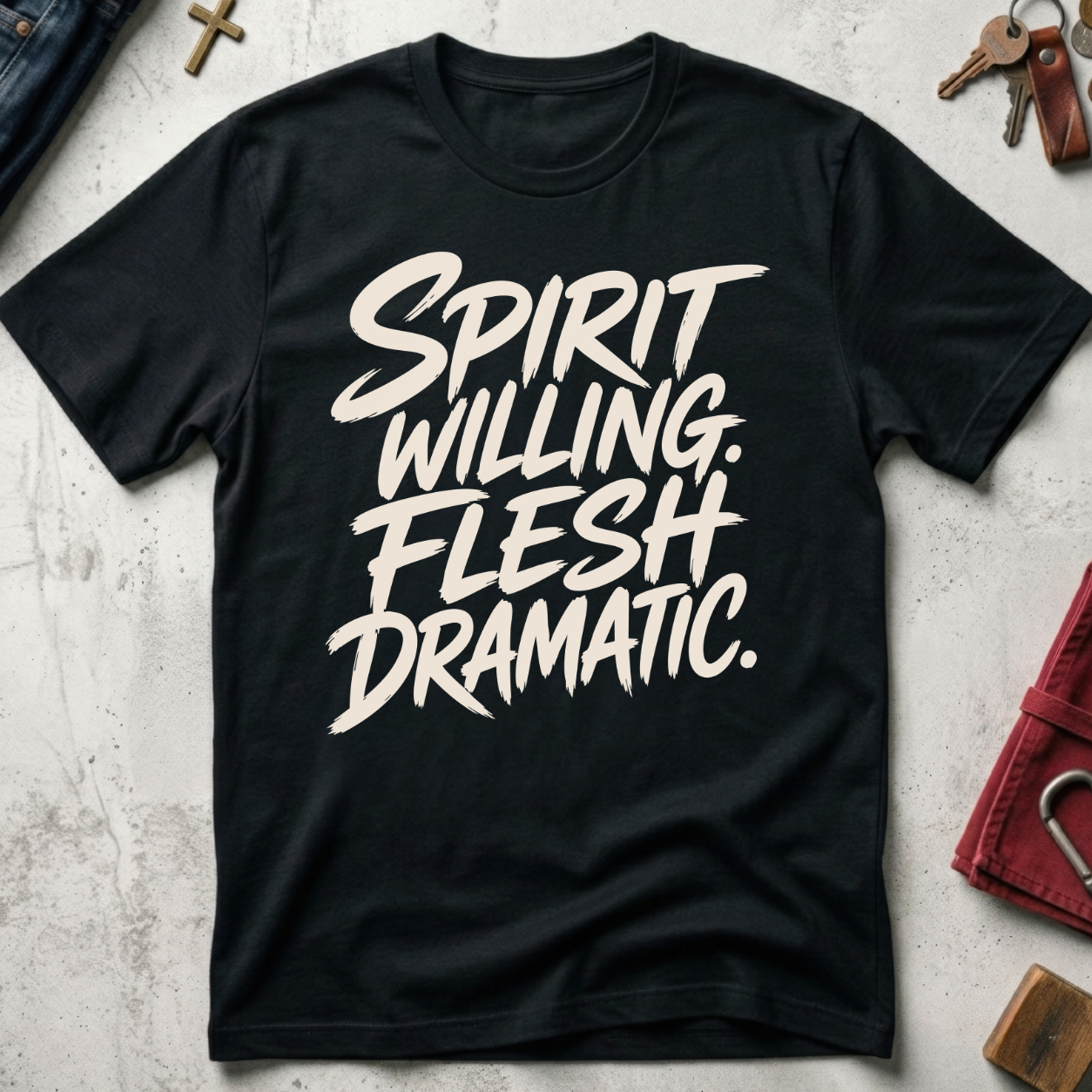 Spirit Willing, Flesh Dramatic Christian T-shirt in Black