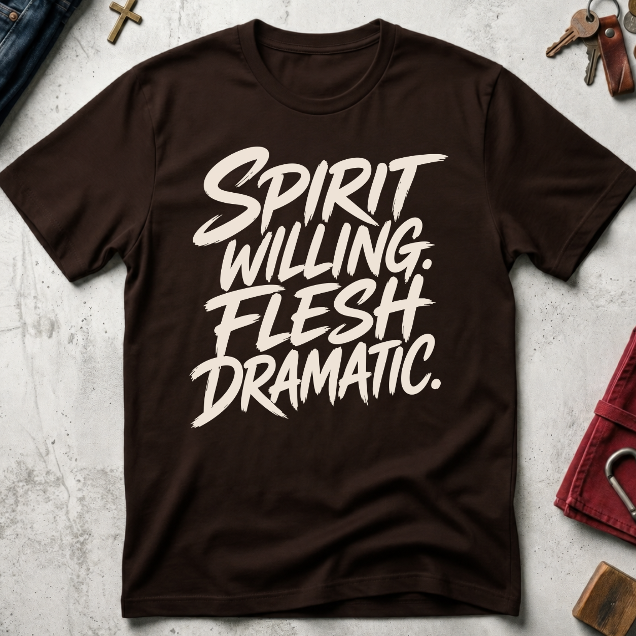 Spirit Willing, Flesh Dramatic Christian T-shirt in Dark Chocolate