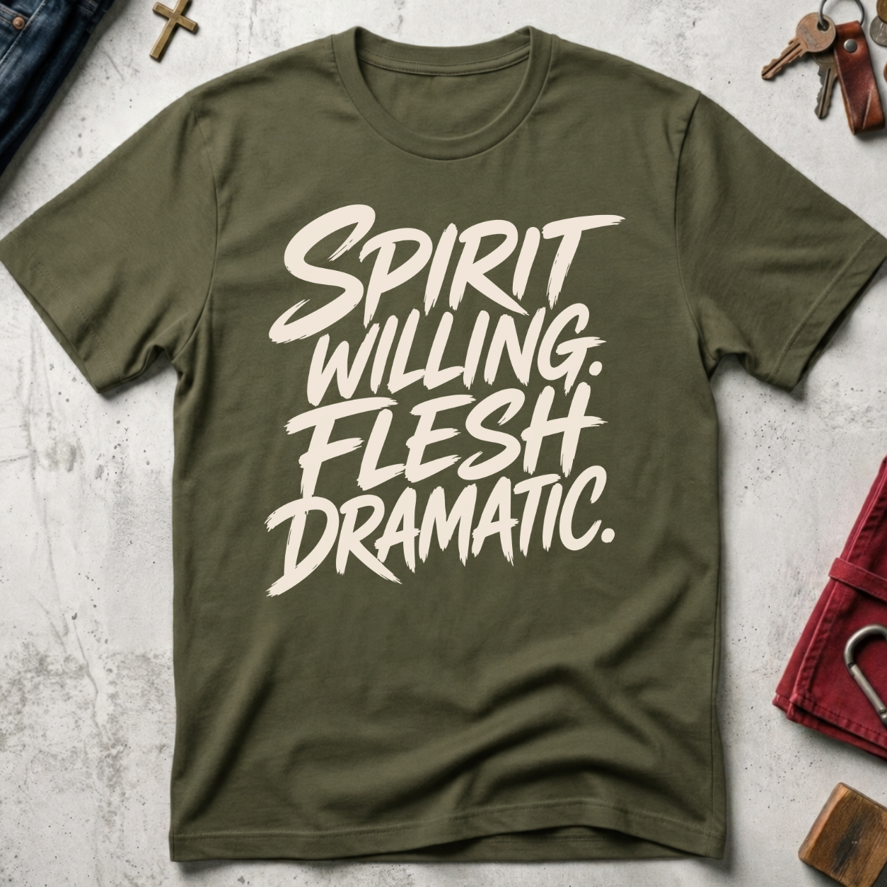 Spirit Willing, Flesh Dramatic Christian T-shirt in Military Green