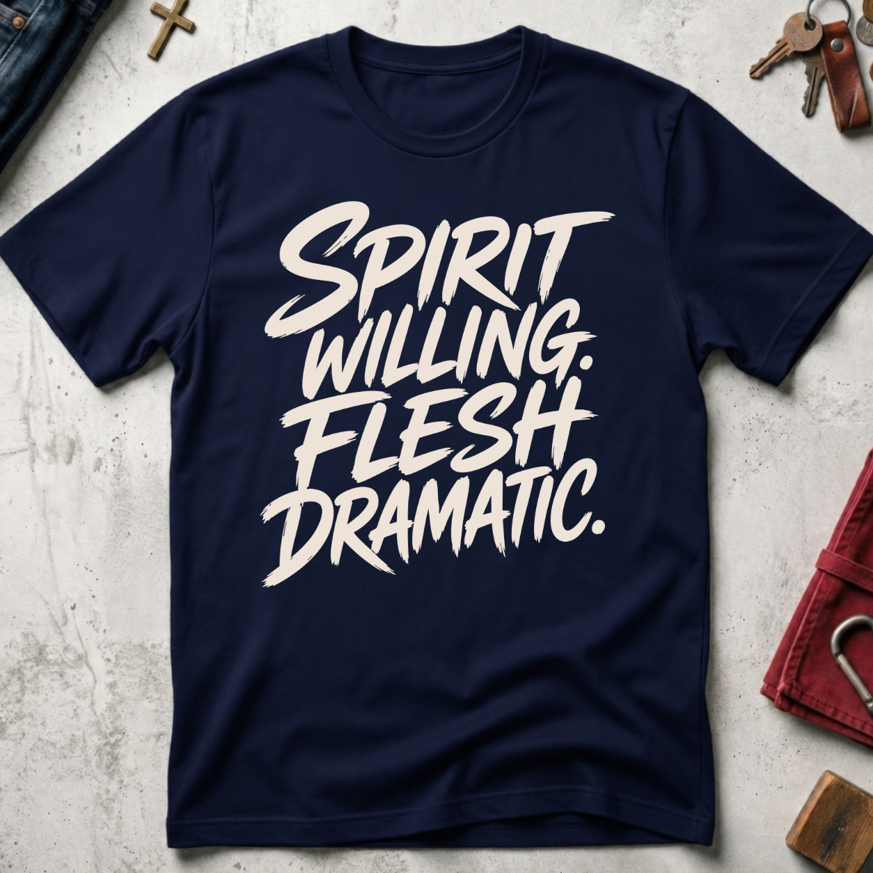 Spirit Willing, Flesh Dramatic Christian T-shirt in Navy