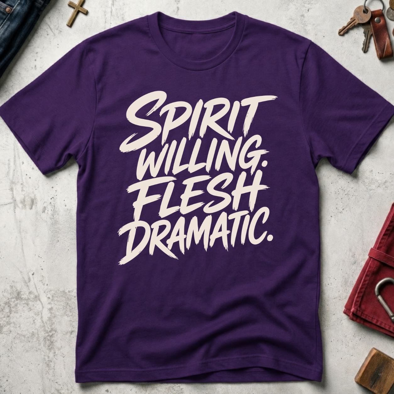 Spirit Willing, Flesh Dramatic Christian T-shirt in Purple